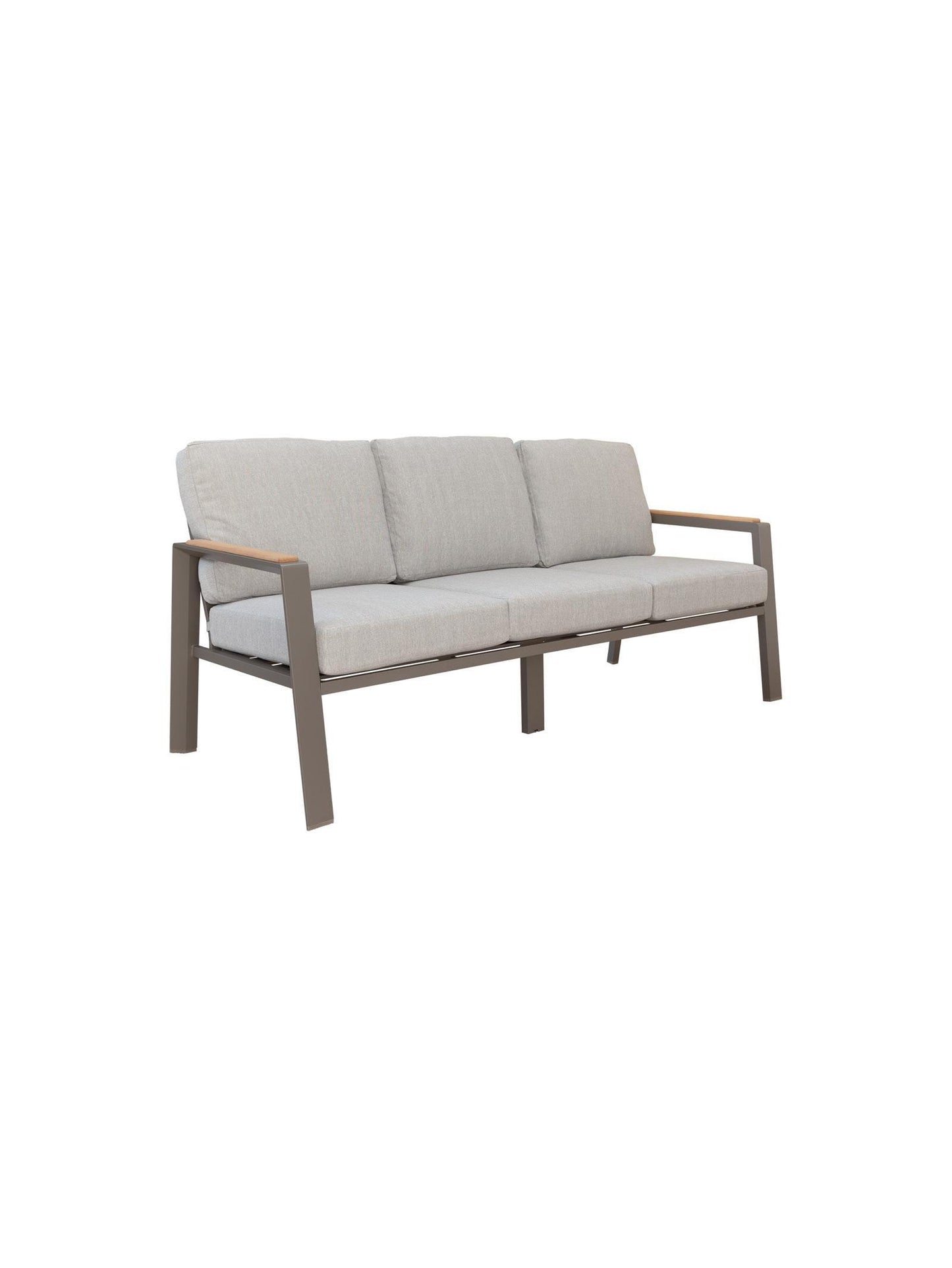 Gray outdoor sofa with light gray cushions on a white background