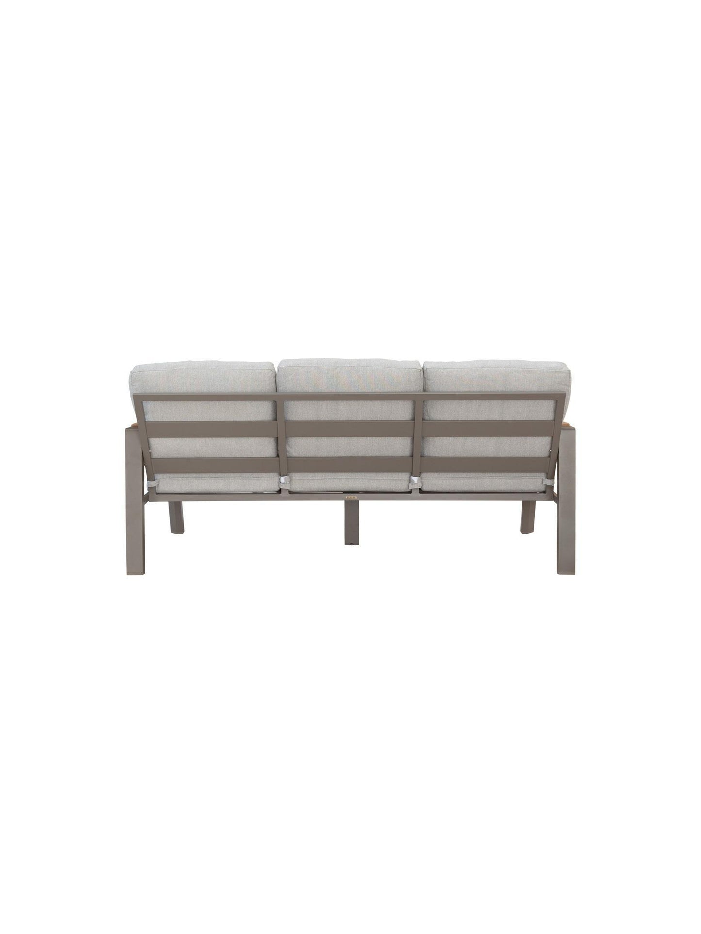 Gray outdoor sofa with white cushions on a white background