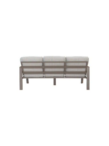Gray outdoor sofa with white cushions on a white background