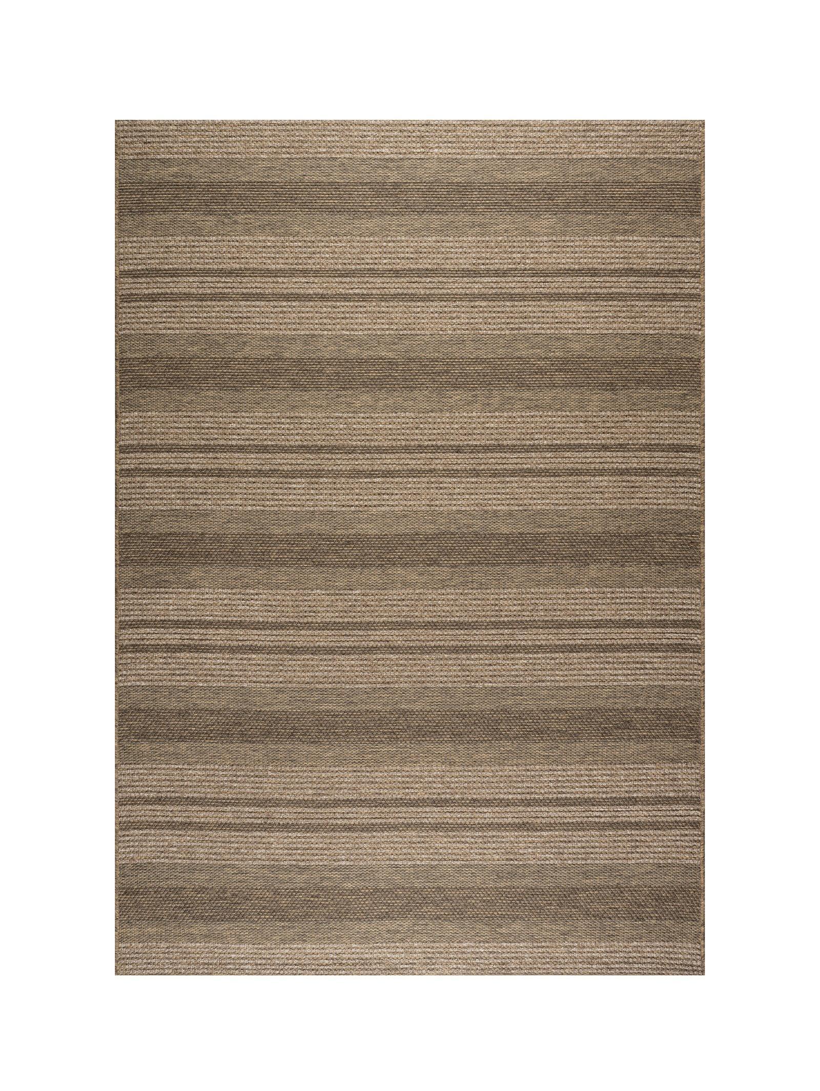 Rectangular brown and beige striped rug on a white background