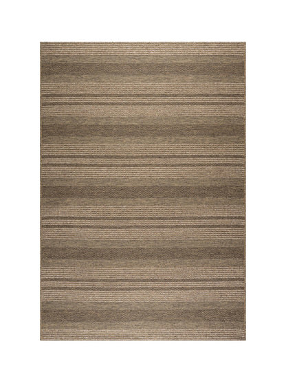 Rectangular brown and beige striped rug on a white background