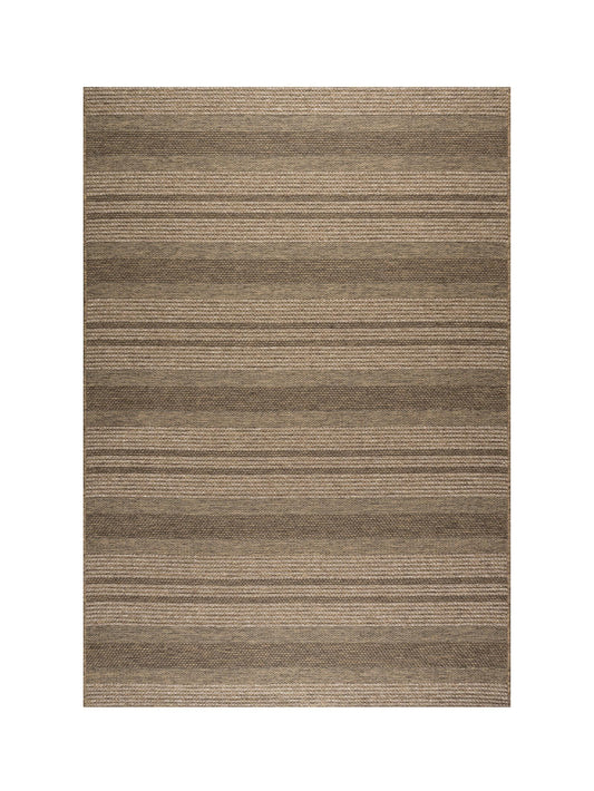 Rectangular brown and beige striped rug on a white background