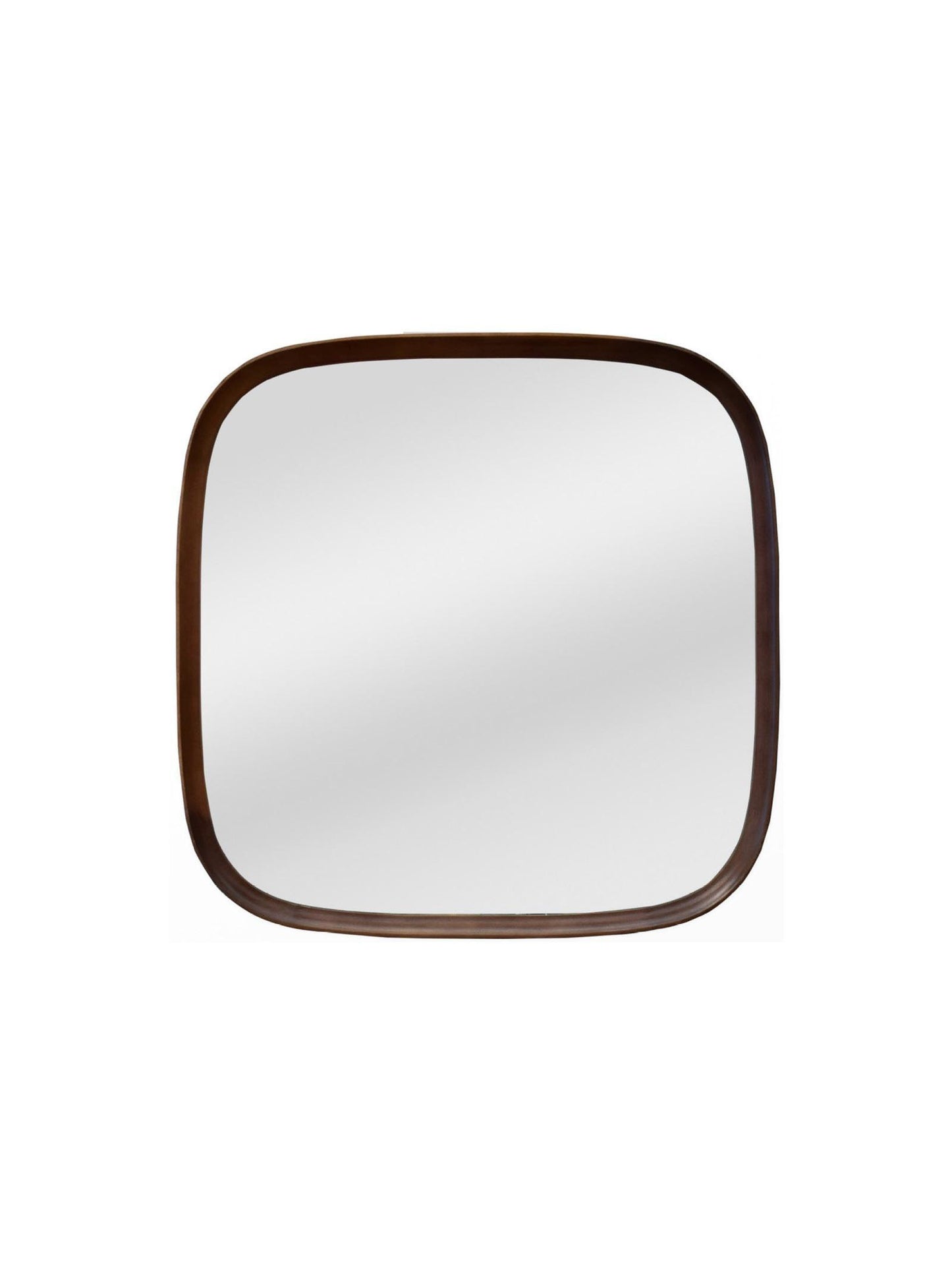 Square mirror with brown frame on a white background