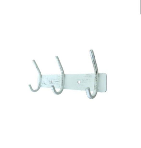 White wall-mounted hook with three hooks on a white background