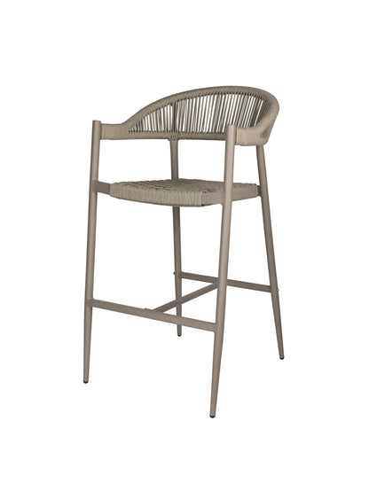 Iona Outdoor Bar Chair with aluminium frame and woven UV-resistant rope seat on patio

Close-up of Iona bar chair showing detailed rope weave and metal frame

Set of Iona outdoor bar chairs arranged around outdoor bar counter

Iona Outdoor Bar Chair styled on wooden deck with scenic outdoor background

Back view of Iona bar chair highlighting UV-resistant rope backrest design

Iona bar chair from the Iona outdoor furniture collection with coordinating pieces