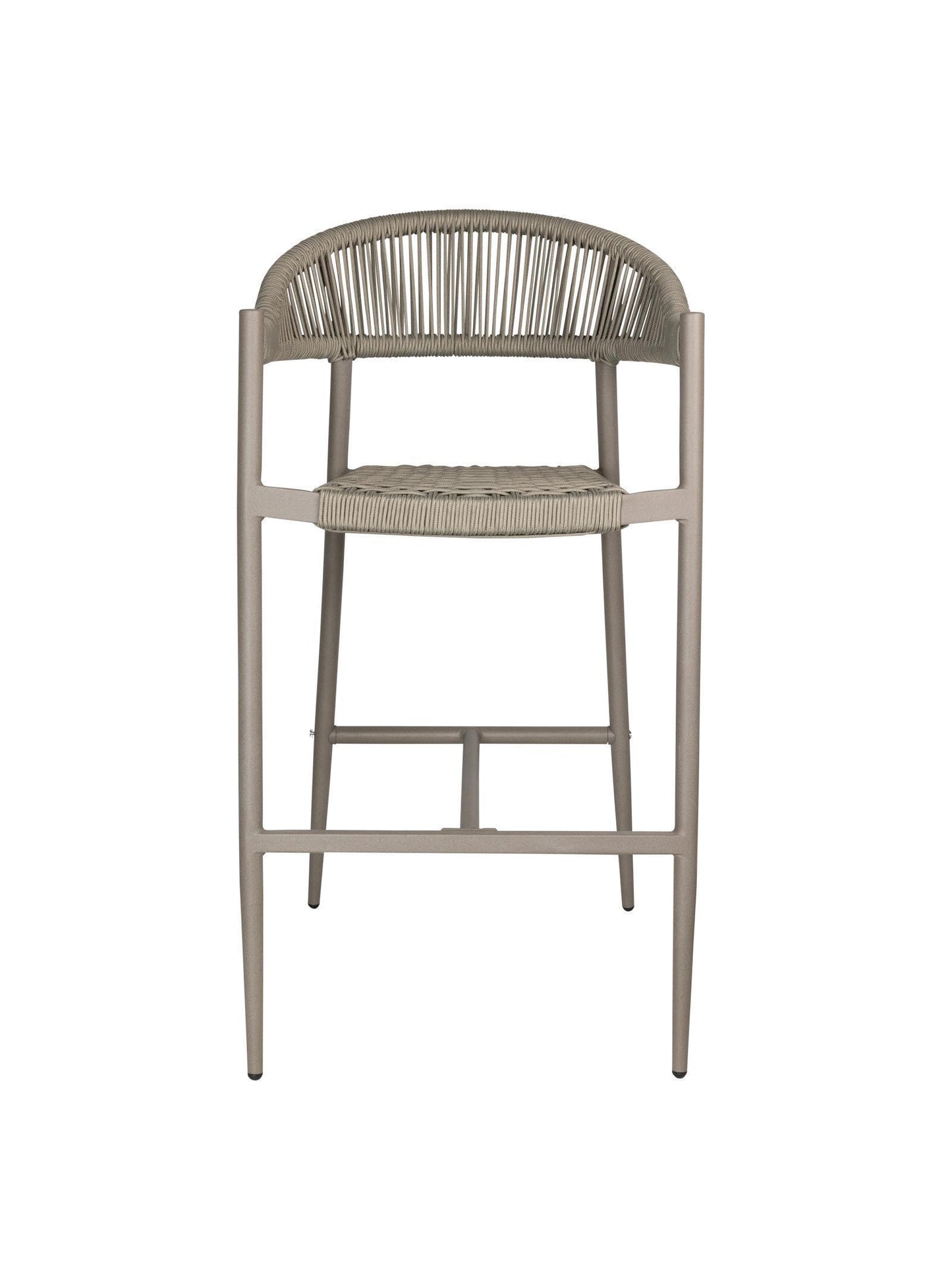 Iona Outdoor Bar Chair with aluminium frame and woven UV-resistant rope seat on patio

Close-up of Iona bar chair showing detailed rope weave and metal frame

Set of Iona outdoor bar chairs arranged around outdoor bar counter

Iona Outdoor Bar Chair styled on wooden deck with scenic outdoor background

Back view of Iona bar chair highlighting UV-resistant rope backrest design

Iona bar chair from the Iona outdoor furniture collection with coordinating pieces