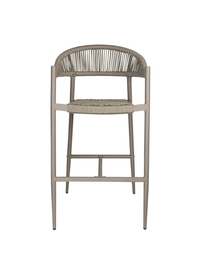 Iona Outdoor Bar Chair with aluminium frame and woven UV-resistant rope seat on patio

Close-up of Iona bar chair showing detailed rope weave and metal frame

Set of Iona outdoor bar chairs arranged around outdoor bar counter

Iona Outdoor Bar Chair styled on wooden deck with scenic outdoor background

Back view of Iona bar chair highlighting UV-resistant rope backrest design

Iona bar chair from the Iona outdoor furniture collection with coordinating pieces