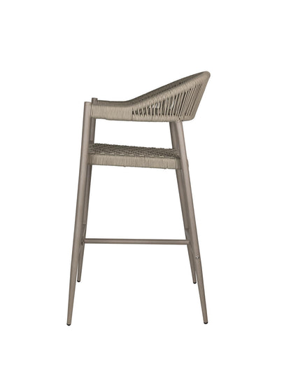 Iona Outdoor Bar Chair with aluminium frame and woven UV-resistant rope seat on patio

Close-up of Iona bar chair showing detailed rope weave and metal frame

Set of Iona outdoor bar chairs arranged around outdoor bar counter

Iona Outdoor Bar Chair styled on wooden deck with scenic outdoor background

Back view of Iona bar chair highlighting UV-resistant rope backrest design

Iona bar chair from the Iona outdoor furniture collection with coordinating pieces