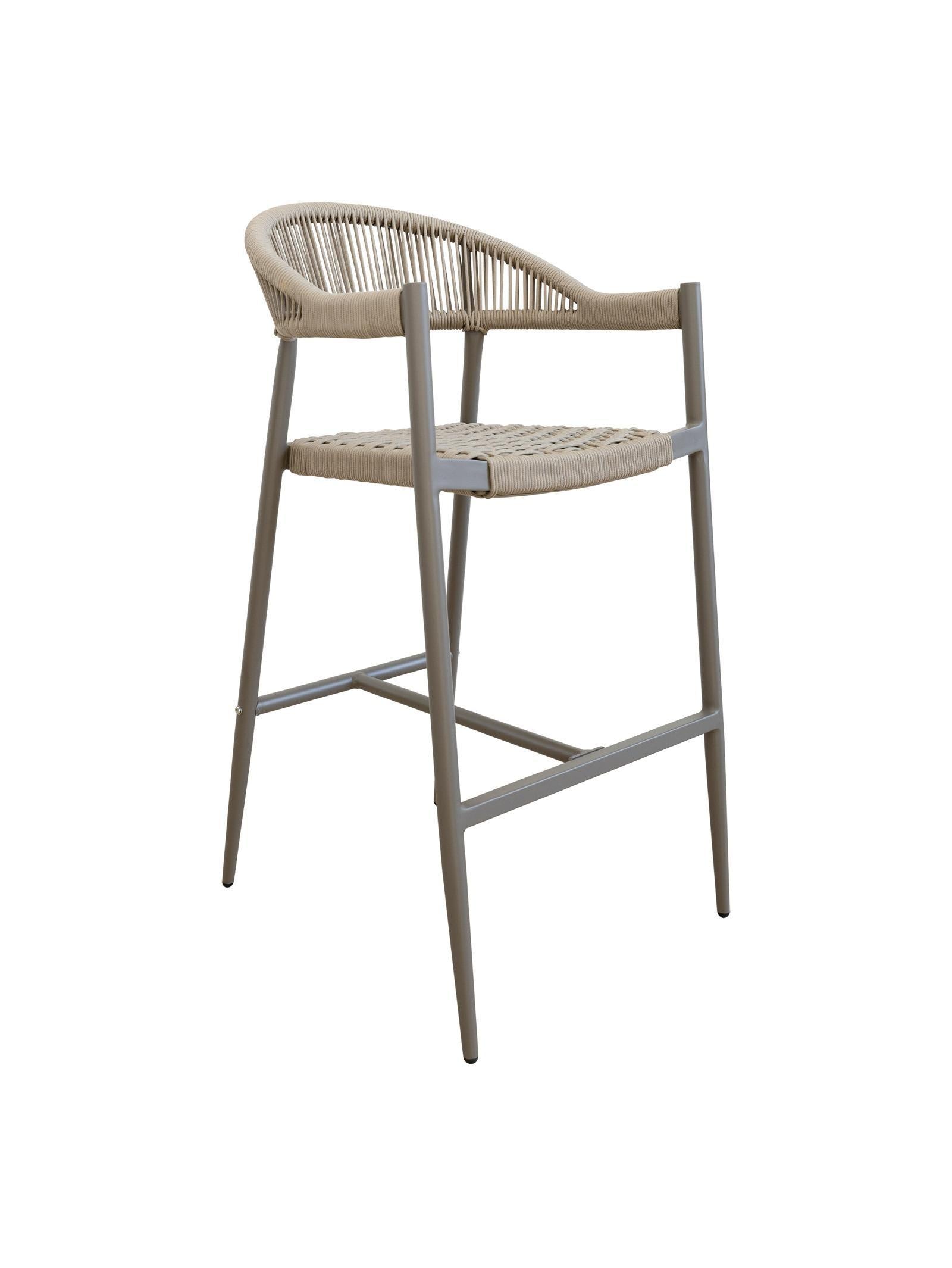 Iona Outdoor Bar Chair with aluminium frame and woven UV-resistant rope seat on patio

Close-up of Iona bar chair showing detailed rope weave and metal frame

Set of Iona outdoor bar chairs arranged around outdoor bar counter

Iona Outdoor Bar Chair styled on wooden deck with scenic outdoor background

Back view of Iona bar chair highlighting UV-resistant rope backrest design

Iona bar chair from the Iona outdoor furniture collection with coordinating pieces