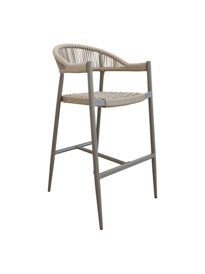 Iona Outdoor Bar Chair with aluminium frame and woven UV-resistant rope seat on patio

Close-up of Iona bar chair showing detailed rope weave and metal frame

Set of Iona outdoor bar chairs arranged around outdoor bar counter

Iona Outdoor Bar Chair styled on wooden deck with scenic outdoor background

Back view of Iona bar chair highlighting UV-resistant rope backrest design

Iona bar chair from the Iona outdoor furniture collection with coordinating pieces
