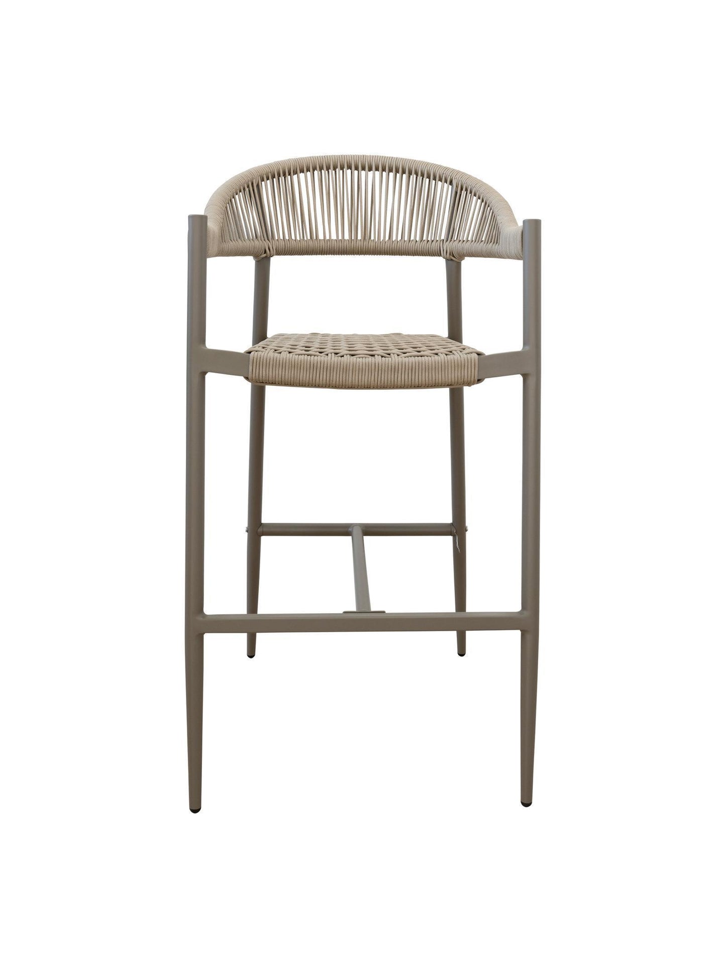 Iona Outdoor Bar Chair with aluminium frame and woven UV-resistant rope seat on patio

Close-up of Iona bar chair showing detailed rope weave and metal frame

Set of Iona outdoor bar chairs arranged around outdoor bar counter

Iona Outdoor Bar Chair styled on wooden deck with scenic outdoor background

Back view of Iona bar chair highlighting UV-resistant rope backrest design

Iona bar chair from the Iona outdoor furniture collection with coordinating pieces