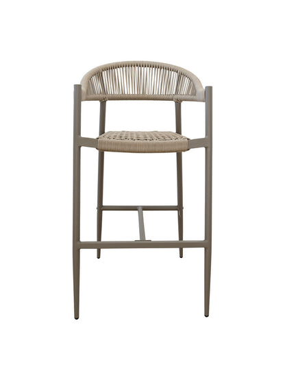 Iona Outdoor Bar Chair with aluminium frame and woven UV-resistant rope seat on patio

Close-up of Iona bar chair showing detailed rope weave and metal frame

Set of Iona outdoor bar chairs arranged around outdoor bar counter

Iona Outdoor Bar Chair styled on wooden deck with scenic outdoor background

Back view of Iona bar chair highlighting UV-resistant rope backrest design

Iona bar chair from the Iona outdoor furniture collection with coordinating pieces