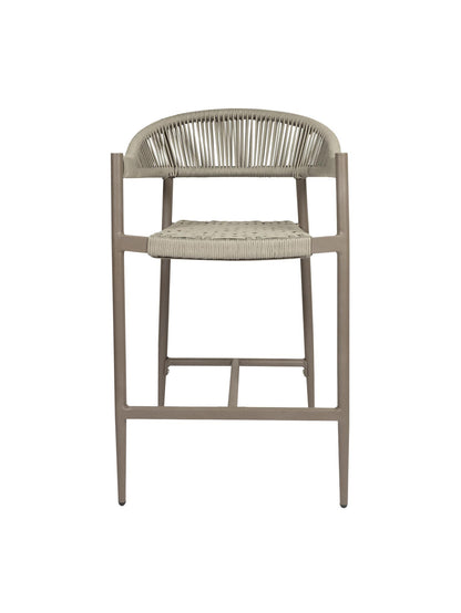 Iona Outdoor Counter Chair with aluminium frame and woven UV-resistant rope seat on patio

Close-up of Iona counter chair showing detailed rope weave and metal frame

Pair of Iona outdoor counter chairs at outdoor kitchen counter or bar area

Iona Outdoor Counter Chair styled on deck with scenic outdoor backdrop

Back view of Iona counter chair highlighting UV-resistant rope backrest design

Iona counter chair from the Iona outdoor furniture collection with matching pieces