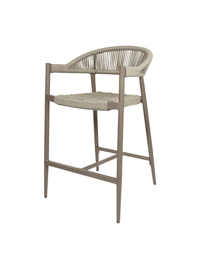 Iona Outdoor Counter Chair with aluminium frame and woven UV-resistant rope seat on patio

Close-up of Iona counter chair showing detailed rope weave and metal frame

Pair of Iona outdoor counter chairs at outdoor kitchen counter or bar area

Iona Outdoor Counter Chair styled on deck with scenic outdoor backdrop

Back view of Iona counter chair highlighting UV-resistant rope backrest design

Iona counter chair from the Iona outdoor furniture collection with matching pieces