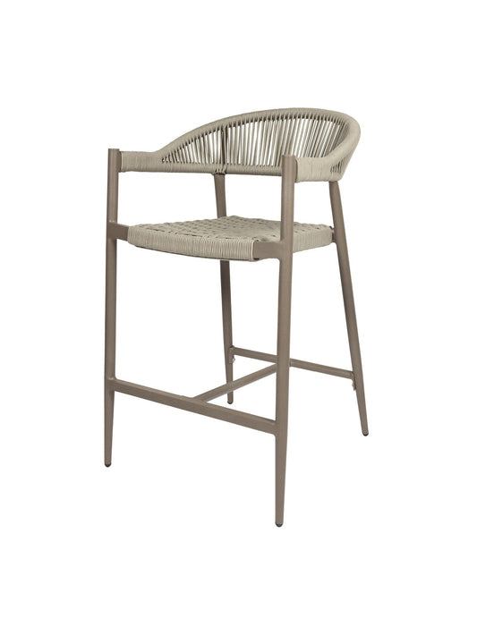 Iona Outdoor Counter Chair with aluminium frame and woven UV-resistant rope seat on patio

Close-up of Iona counter chair showing detailed rope weave and metal frame

Pair of Iona outdoor counter chairs at outdoor kitchen counter or bar area

Iona Outdoor Counter Chair styled on deck with scenic outdoor backdrop

Back view of Iona counter chair highlighting UV-resistant rope backrest design

Iona counter chair from the Iona outdoor furniture collection with matching pieces