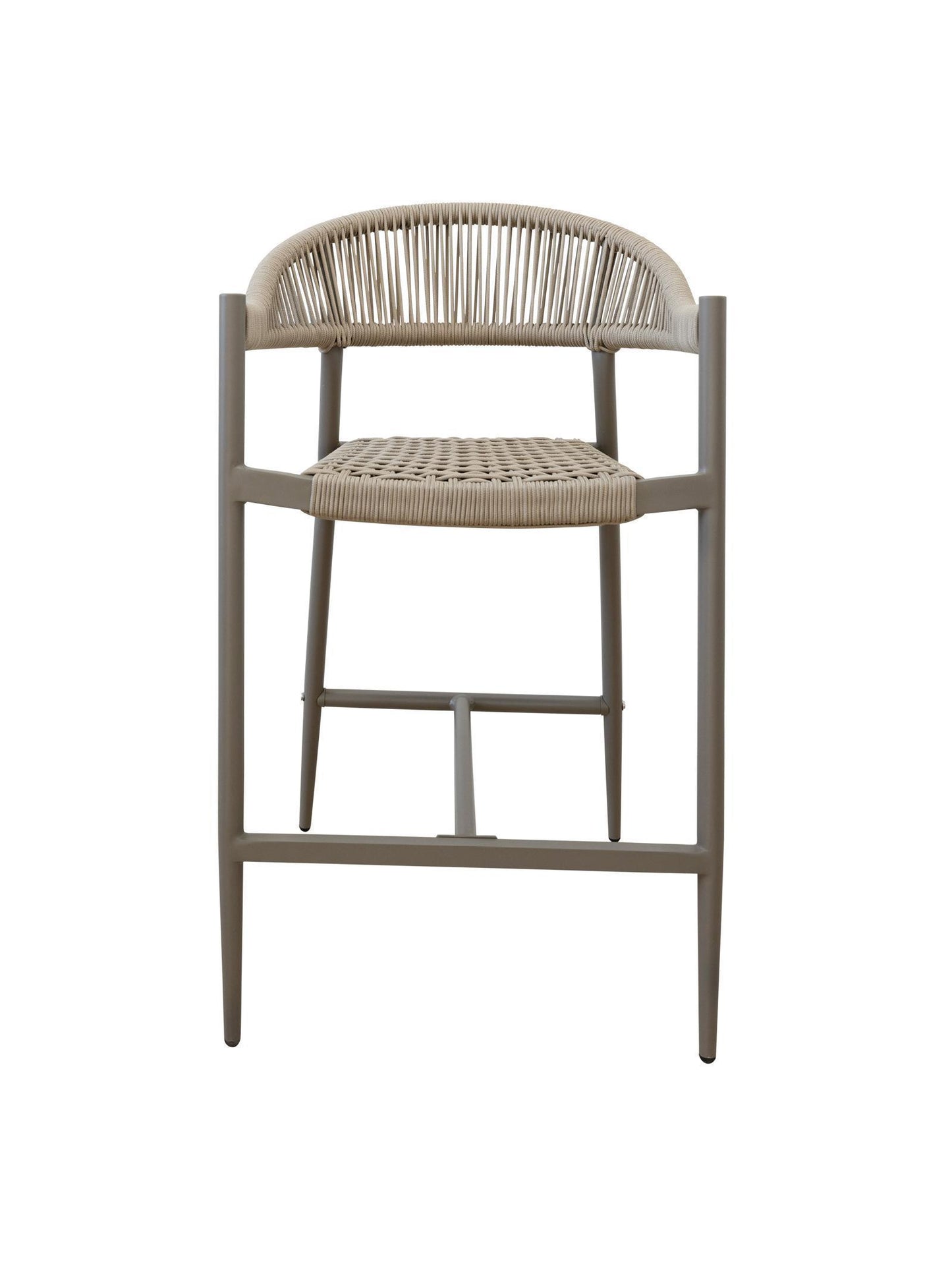 Iona Outdoor Counter Chair with aluminium frame and woven UV-resistant rope seat on patio

Close-up of Iona counter chair showing detailed rope weave and metal frame

Pair of Iona outdoor counter chairs at outdoor kitchen counter or bar area

Iona Outdoor Counter Chair styled on deck with scenic outdoor backdrop

Back view of Iona counter chair highlighting UV-resistant rope backrest design

Iona counter chair from the Iona outdoor furniture collection with matching pieces