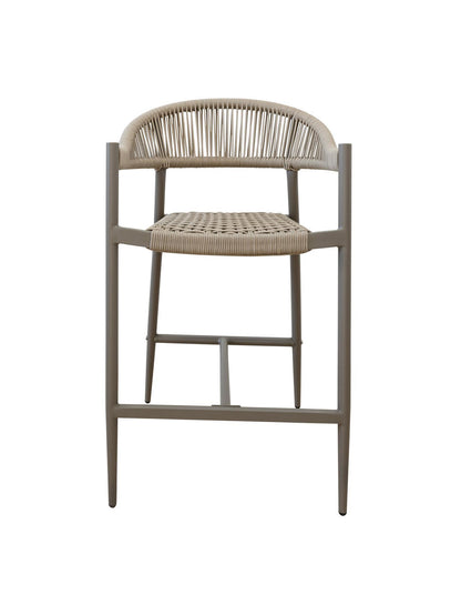 Iona Outdoor Counter Chair with aluminium frame and woven UV-resistant rope seat on patio

Close-up of Iona counter chair showing detailed rope weave and metal frame

Pair of Iona outdoor counter chairs at outdoor kitchen counter or bar area

Iona Outdoor Counter Chair styled on deck with scenic outdoor backdrop

Back view of Iona counter chair highlighting UV-resistant rope backrest design

Iona counter chair from the Iona outdoor furniture collection with matching pieces