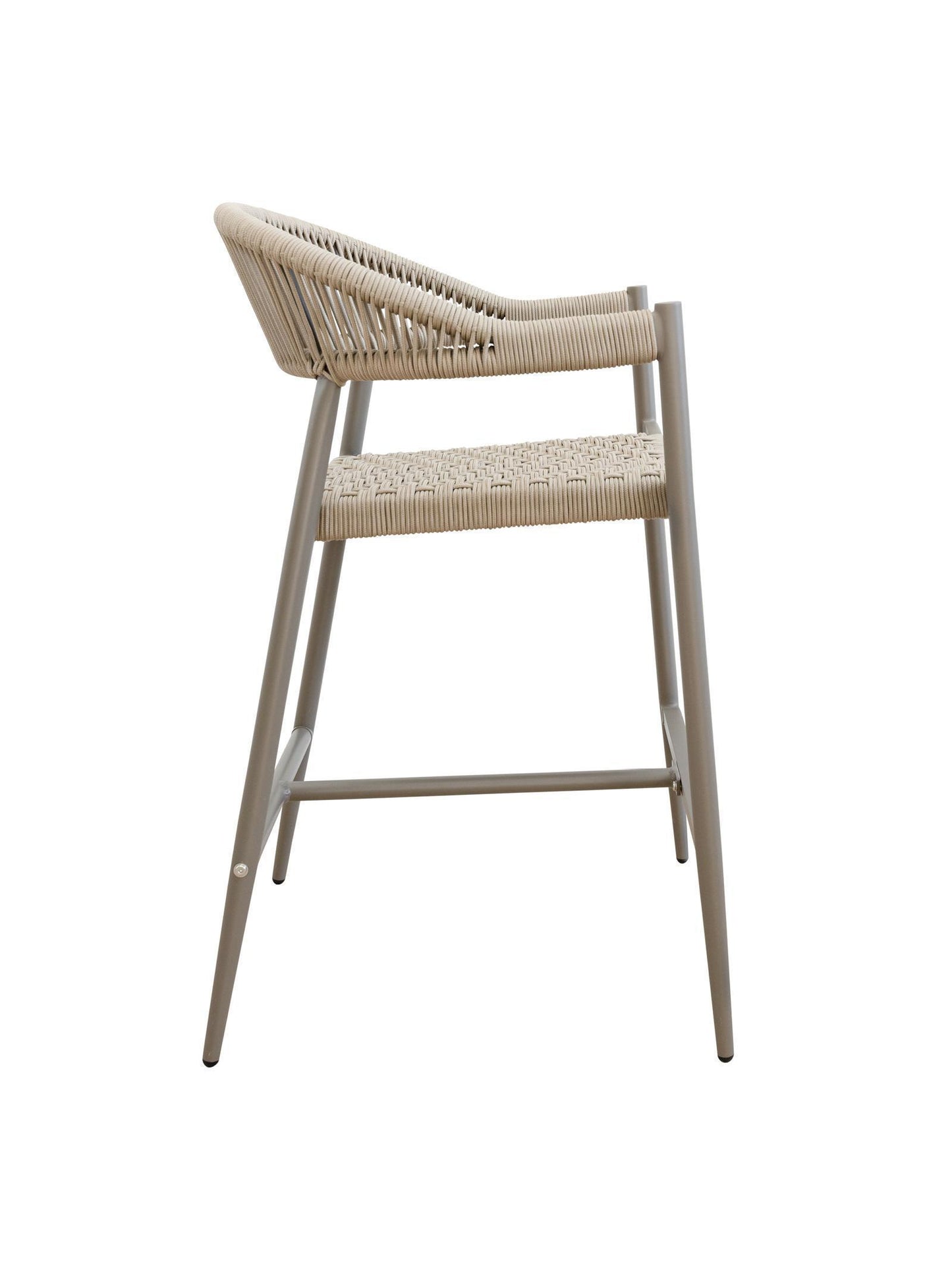 Iona Outdoor Counter Chair with aluminium frame and woven UV-resistant rope seat on patio

Close-up of Iona counter chair showing detailed rope weave and metal frame

Pair of Iona outdoor counter chairs at outdoor kitchen counter or bar area

Iona Outdoor Counter Chair styled on deck with scenic outdoor backdrop

Back view of Iona counter chair highlighting UV-resistant rope backrest design

Iona counter chair from the Iona outdoor furniture collection with matching pieces