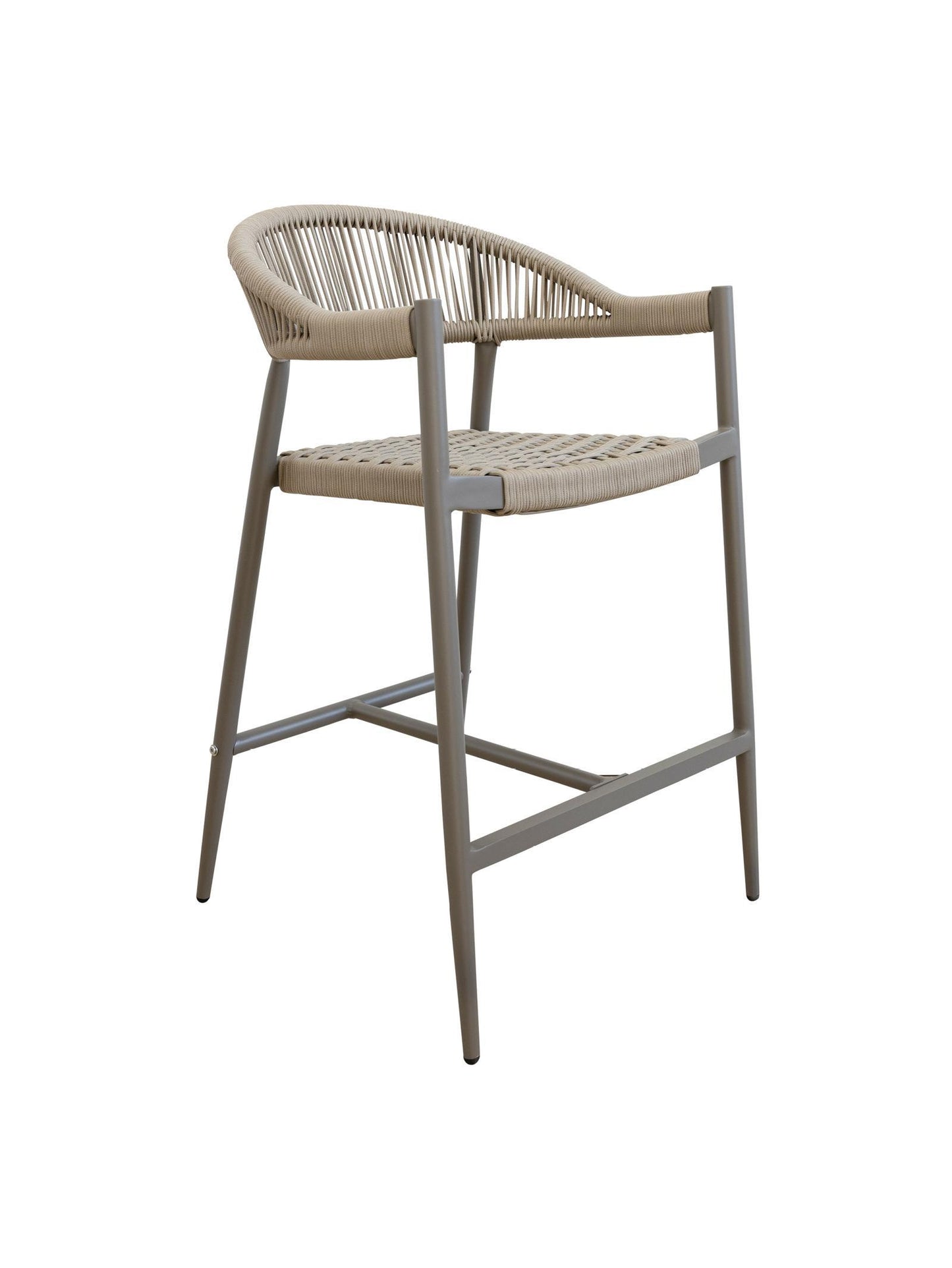 Iona Outdoor Counter Chair with aluminium frame and woven UV-resistant rope seat on patio

Close-up of Iona counter chair showing detailed rope weave and metal frame

Pair of Iona outdoor counter chairs at outdoor kitchen counter or bar area

Iona Outdoor Counter Chair styled on deck with scenic outdoor backdrop

Back view of Iona counter chair highlighting UV-resistant rope backrest design

Iona counter chair from the Iona outdoor furniture collection with matching pieces