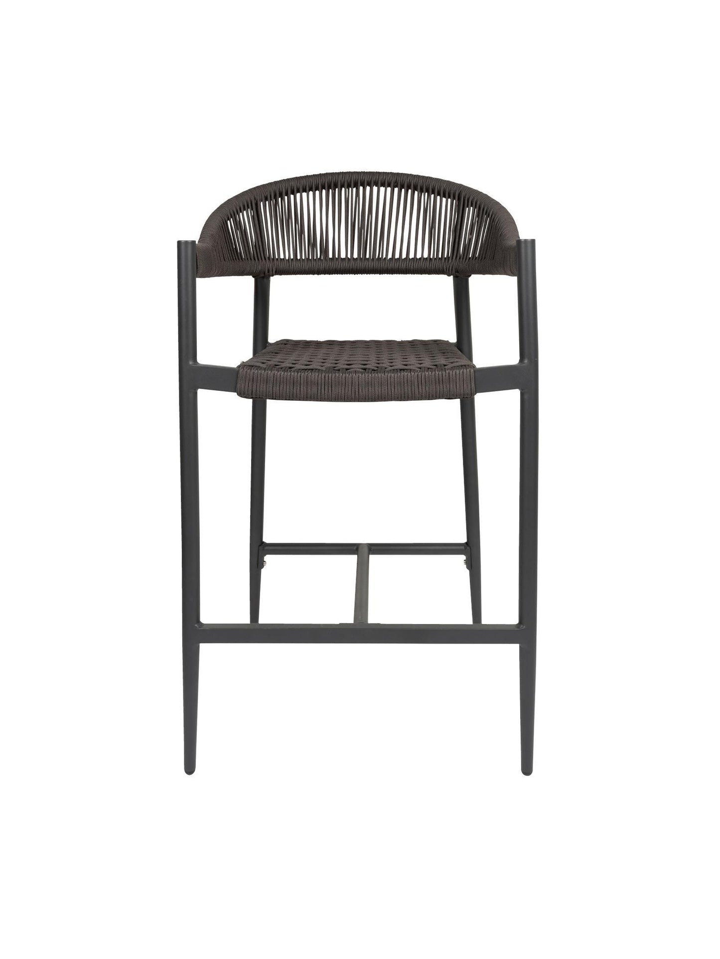 Iona Outdoor Counter Chair with aluminium frame and woven UV-resistant rope seat on patio

Close-up of Iona counter chair showing detailed rope weave and metal frame

Pair of Iona outdoor counter chairs at outdoor kitchen counter or bar area

Iona Outdoor Counter Chair styled on deck with scenic outdoor backdrop

Back view of Iona counter chair highlighting UV-resistant rope backrest design

Iona counter chair from the Iona outdoor furniture collection with matching pieces