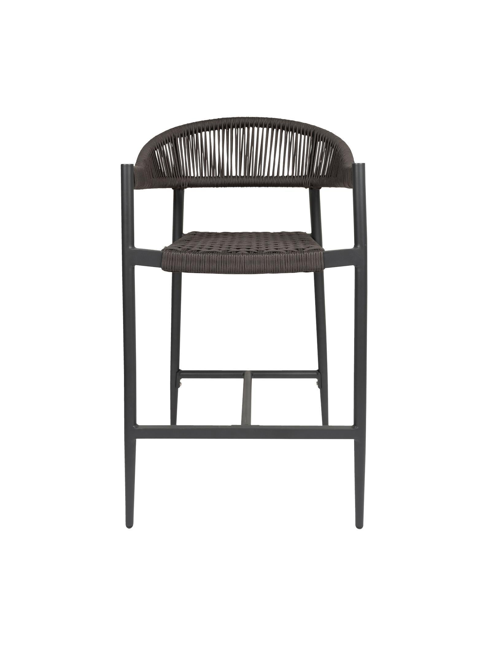 Iona Outdoor Counter Chair with aluminium frame and woven UV-resistant rope seat on patio

Close-up of Iona counter chair showing detailed rope weave and metal frame

Pair of Iona outdoor counter chairs at outdoor kitchen counter or bar area

Iona Outdoor Counter Chair styled on deck with scenic outdoor backdrop

Back view of Iona counter chair highlighting UV-resistant rope backrest design

Iona counter chair from the Iona outdoor furniture collection with matching pieces