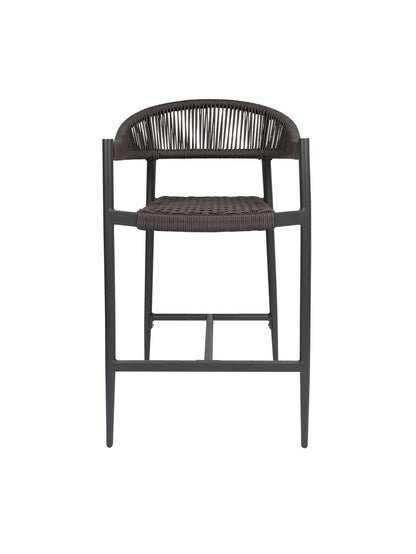 Iona Outdoor Counter Chair with aluminium frame and woven UV-resistant rope seat on patio

Close-up of Iona counter chair showing detailed rope weave and metal frame

Pair of Iona outdoor counter chairs at outdoor kitchen counter or bar area

Iona Outdoor Counter Chair styled on deck with scenic outdoor backdrop

Back view of Iona counter chair highlighting UV-resistant rope backrest design

Iona counter chair from the Iona outdoor furniture collection with matching pieces