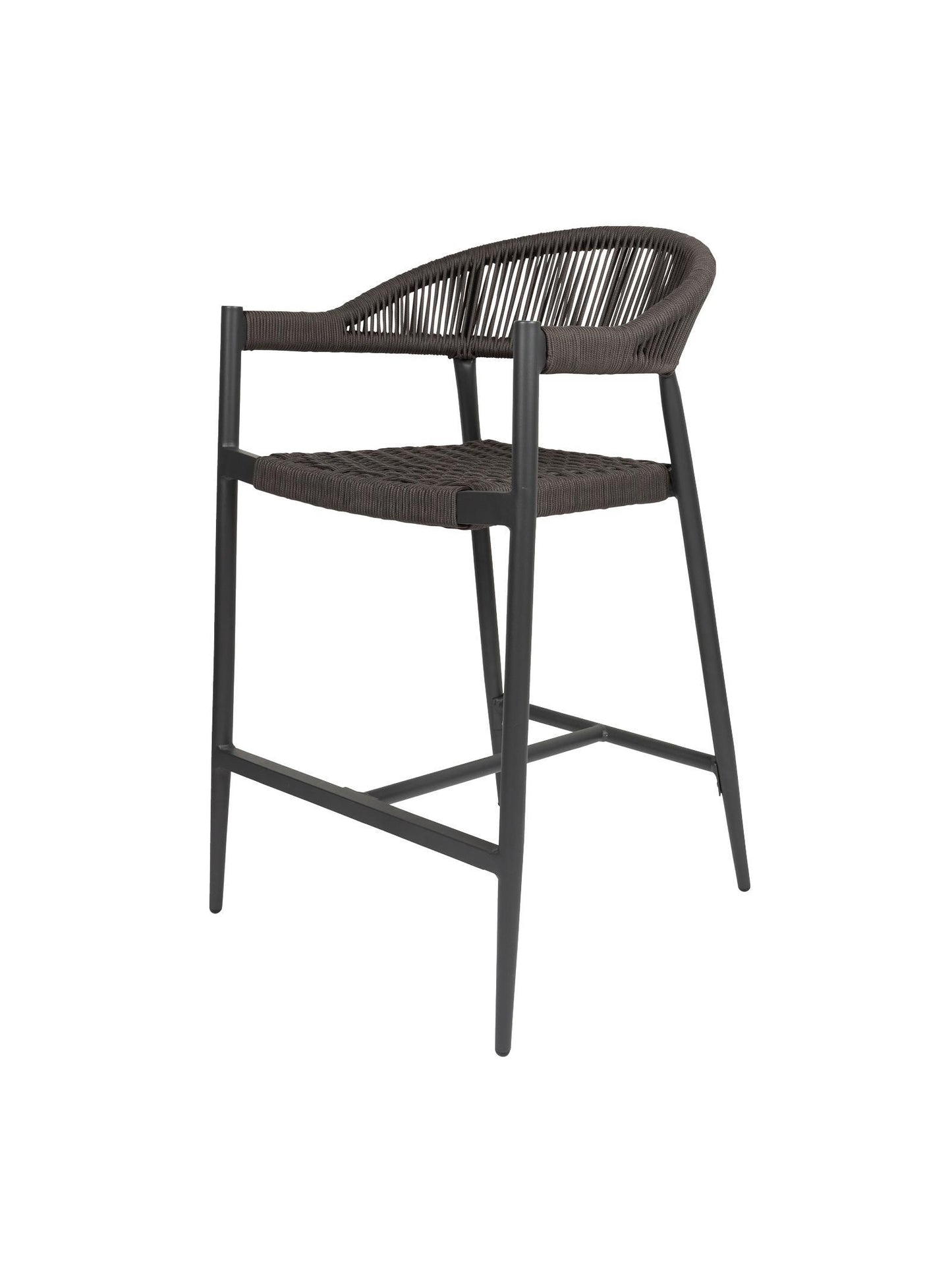 Iona Outdoor Bar Chair with aluminium frame and woven UV-resistant rope seat on patio

Close-up of Iona bar chair showing detailed rope weave and metal frame

Set of Iona outdoor bar chairs arranged around outdoor bar counter

Iona Outdoor Bar Chair styled on wooden deck with scenic outdoor background

Back view of Iona bar chair highlighting UV-resistant rope backrest design

Iona bar chair from the Iona outdoor furniture collection with coordinating pieces