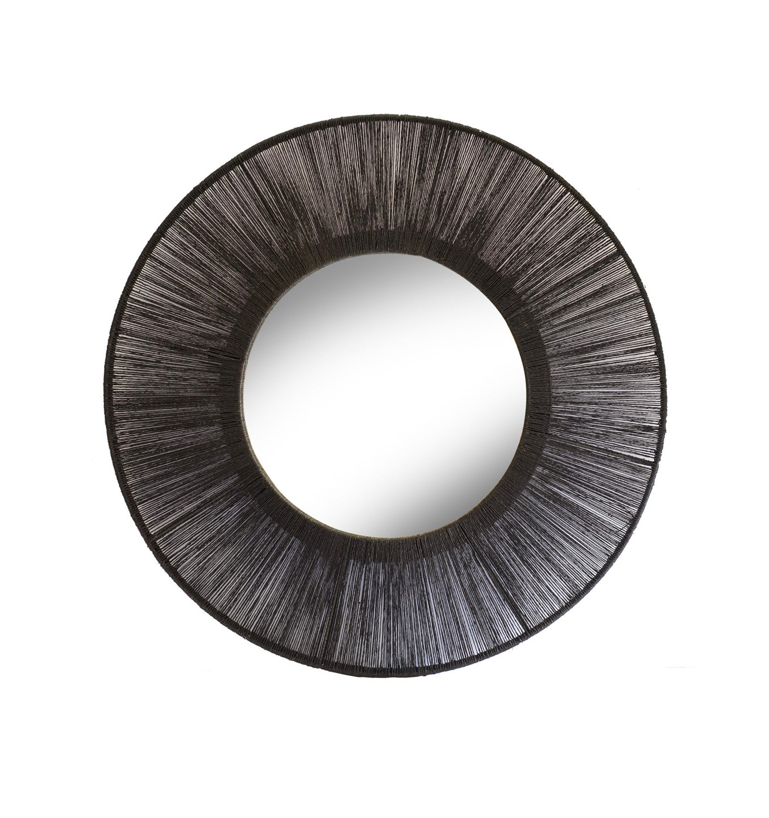 Round mirror with a textured black frame on a white background