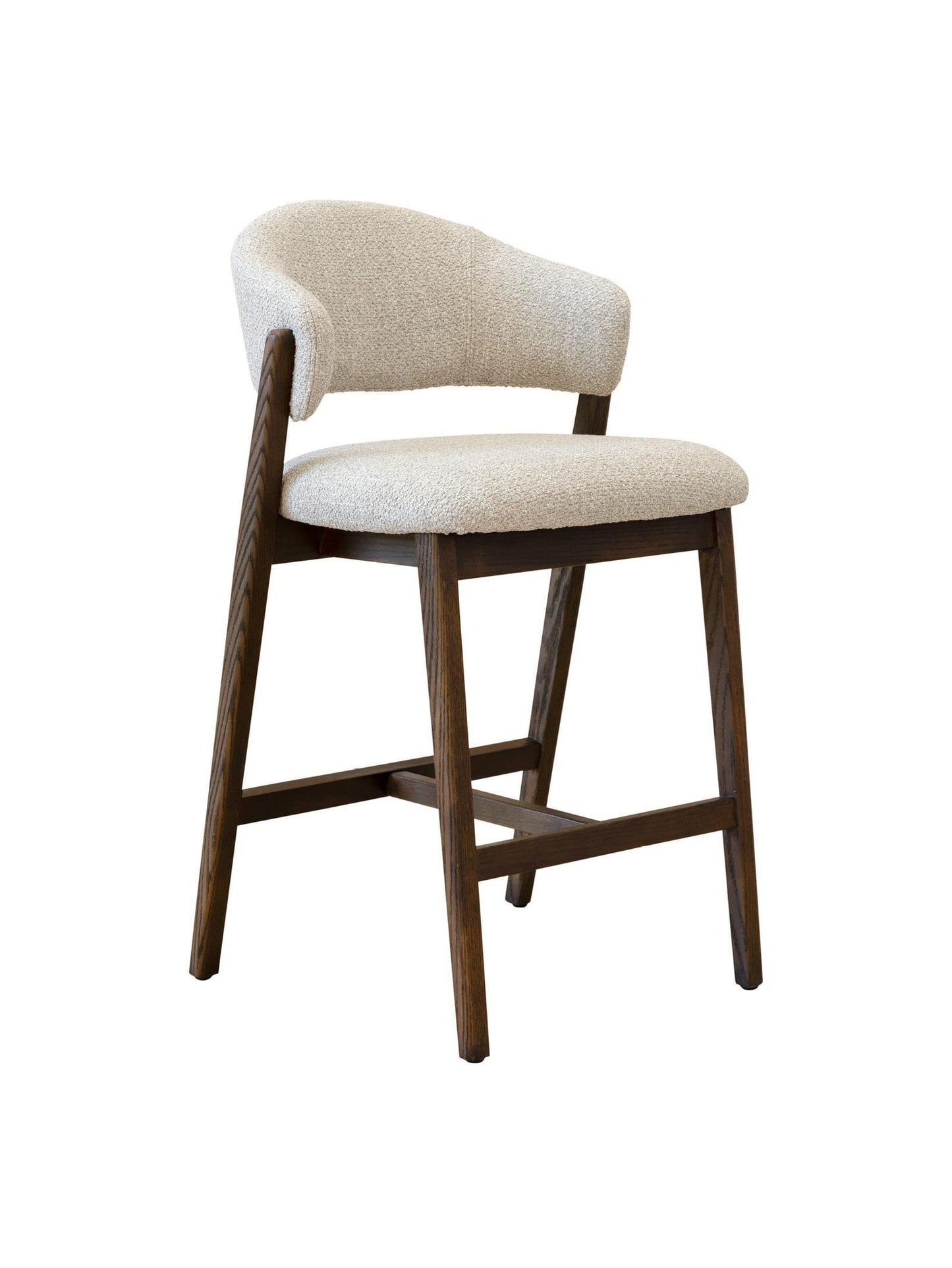 Counter stool with beige cushioned seat and backrest on a white background