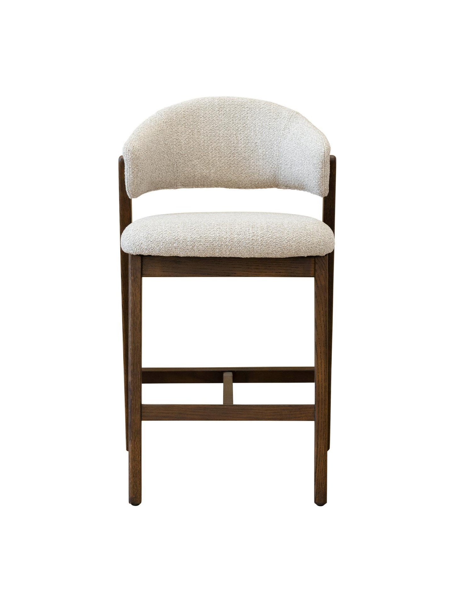 Counter stool with beige cushioned seat and backrest on a white background