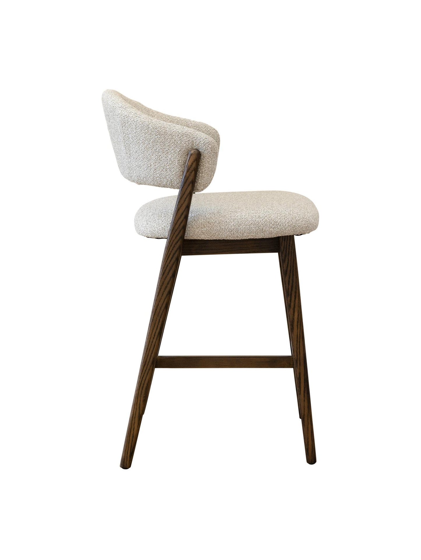 Counter stool with beige cushioned seat and backrest on a white background