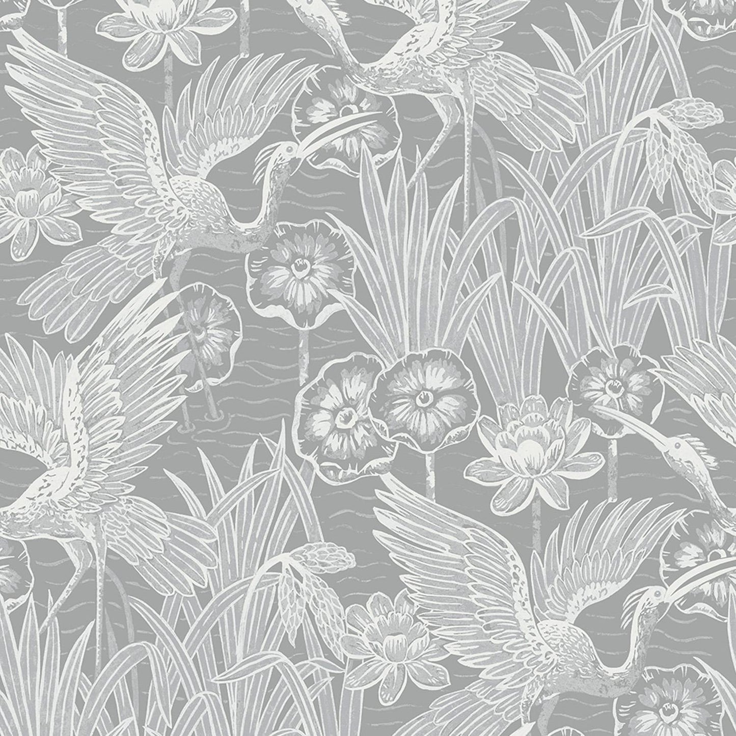 Pattern of hummingbirds and flowers on a gray background