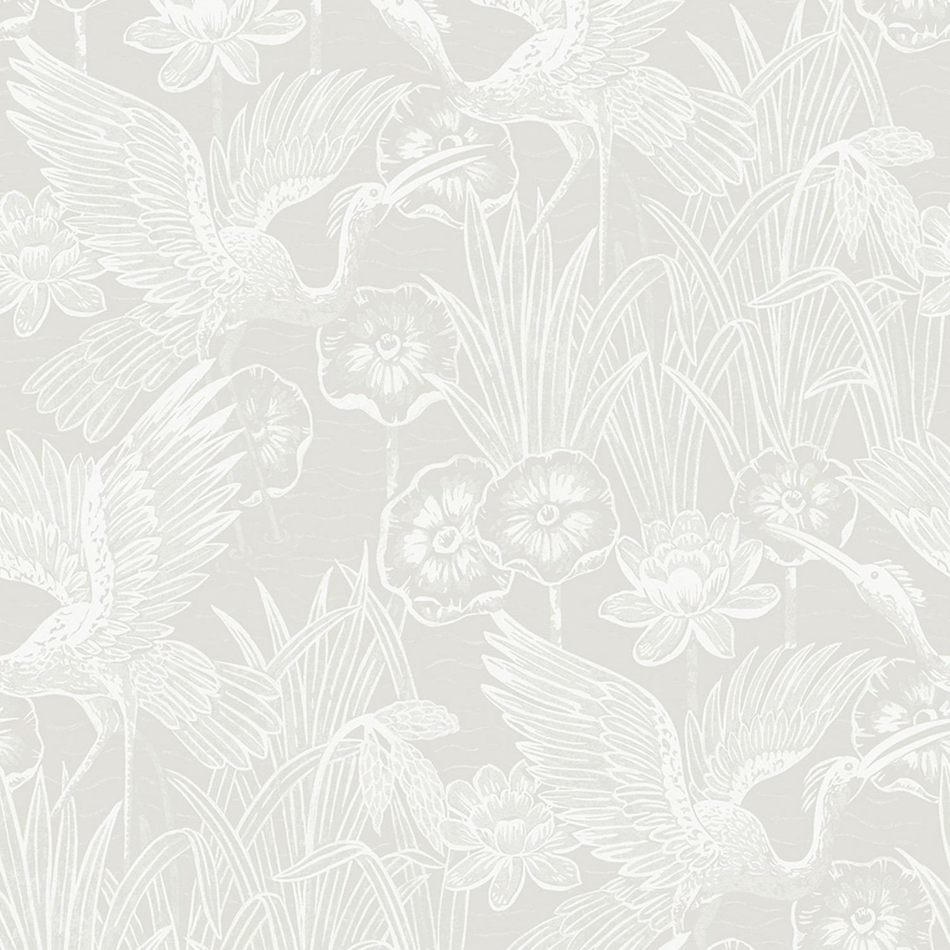 White floral and leaf pattern on a light gray background