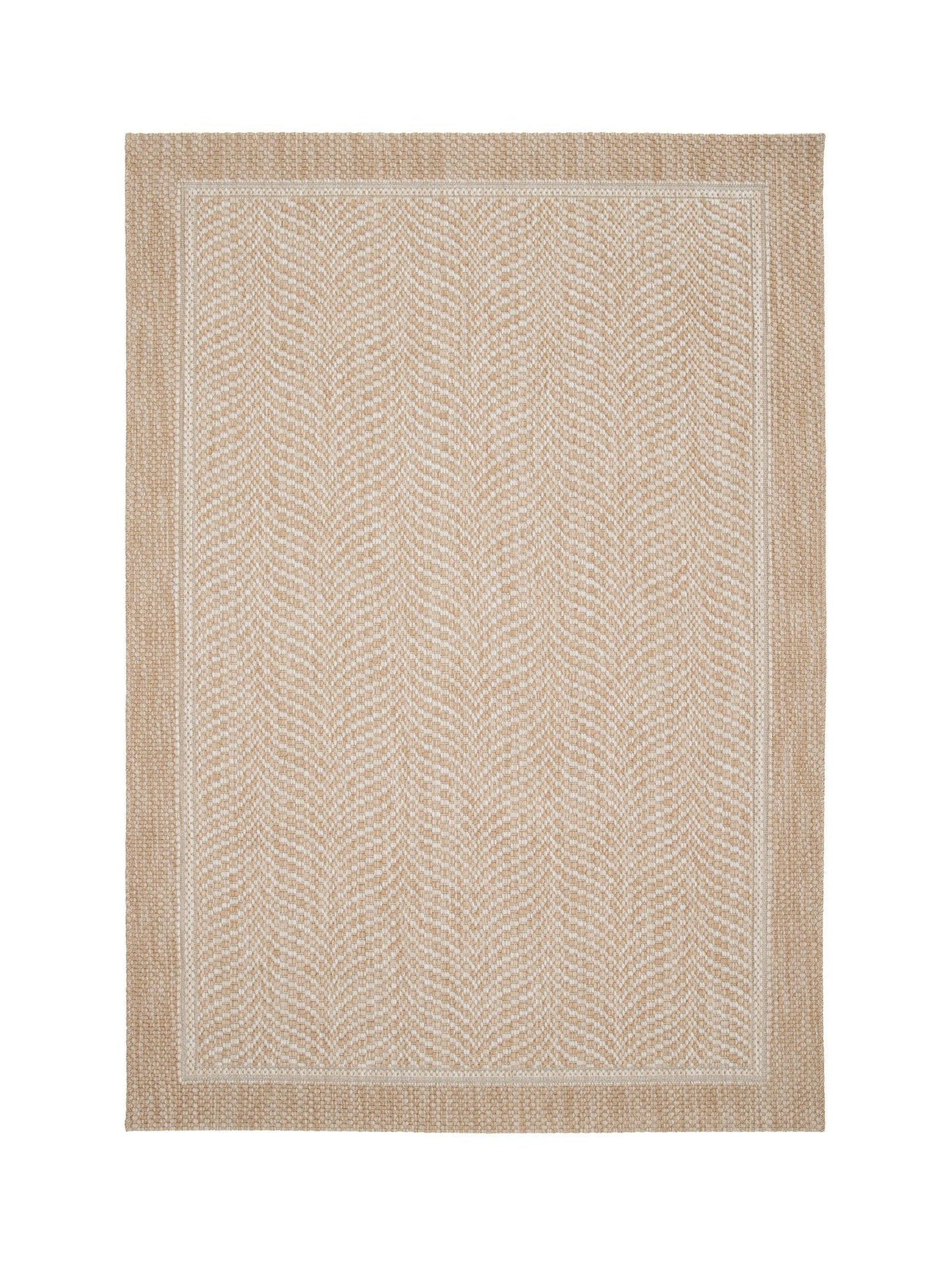 Beige and brown woven patterned rug on a white background