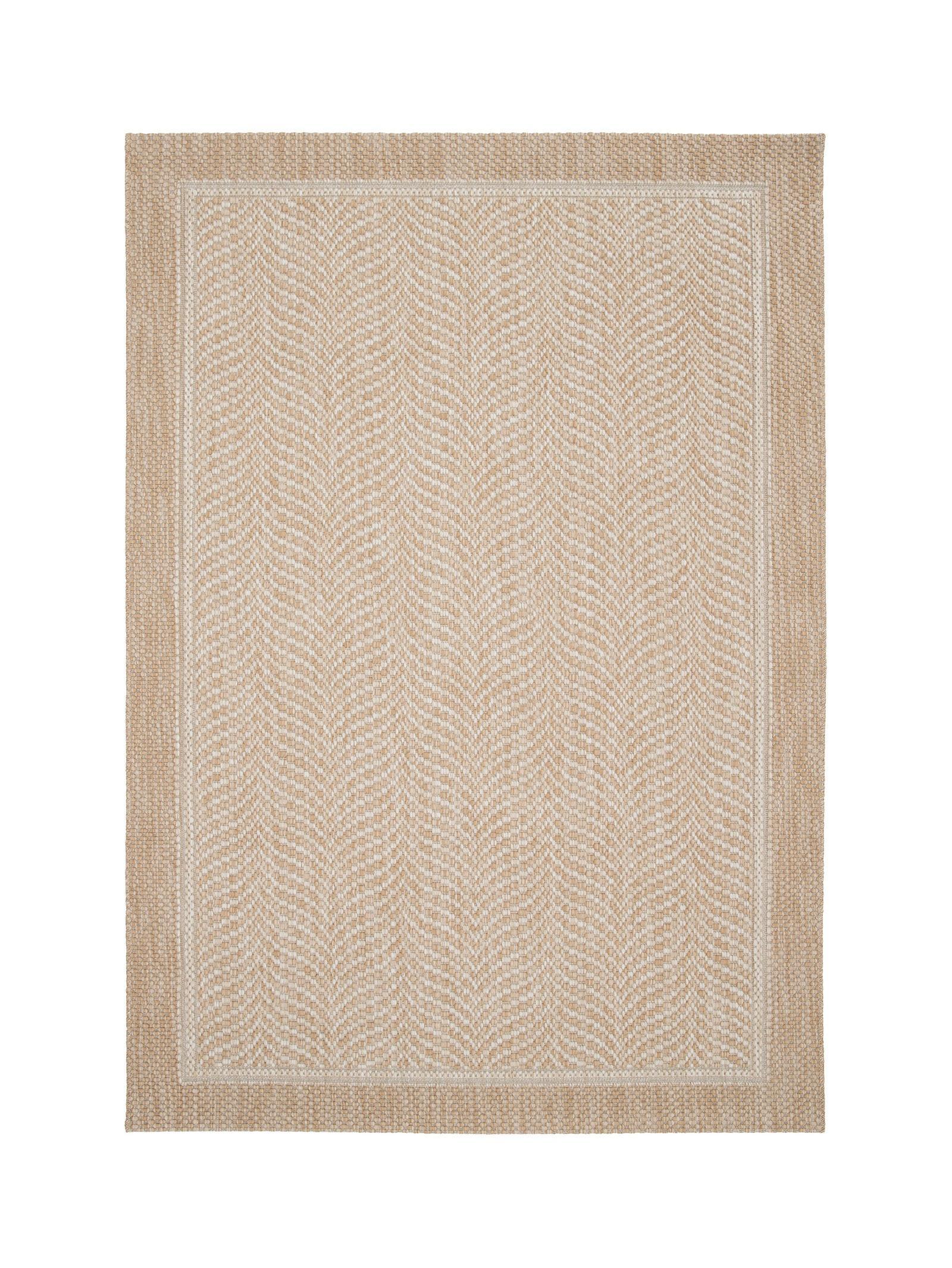 Beige and brown woven patterned rug on a white background