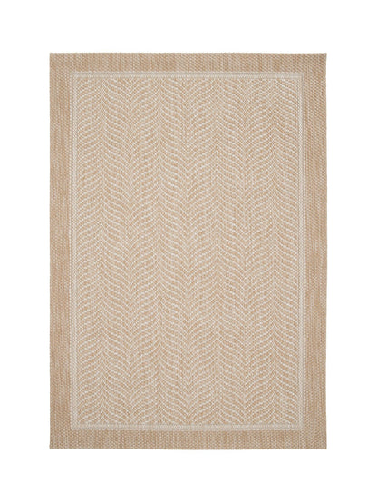Beige and brown woven patterned rug on a white background
