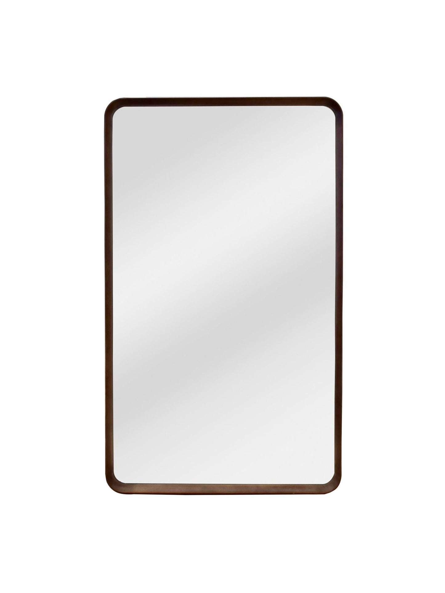 Rectangular mirror with a brown frame on a white background