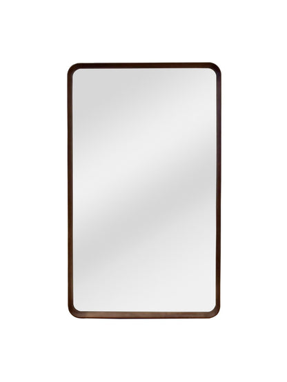 Rectangular mirror with a brown frame on a white background