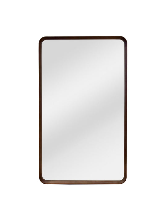 Rectangular mirror with a brown frame on a white background