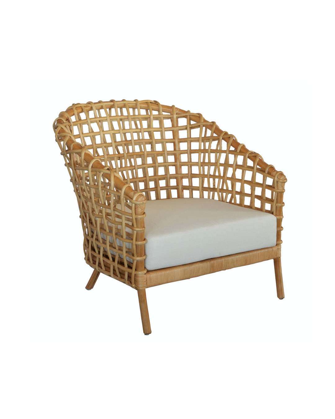 Wicker armchair with a white cushion on a white background
