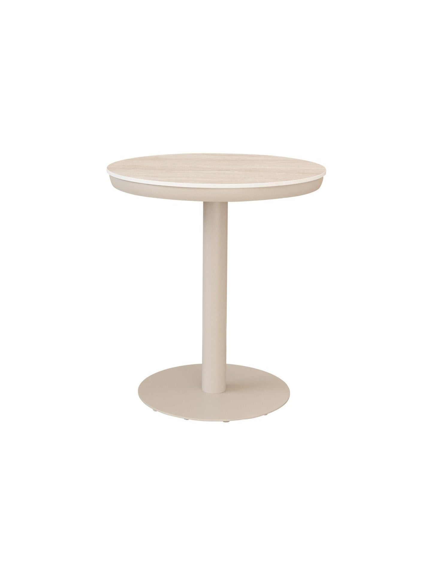 Round side table with a white base and beige top on a white background