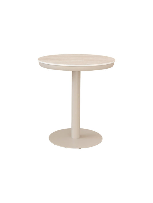 Round side table with a white base and beige top on a white background