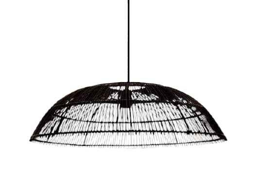 Black pendant lamp with a wicker design on a white background