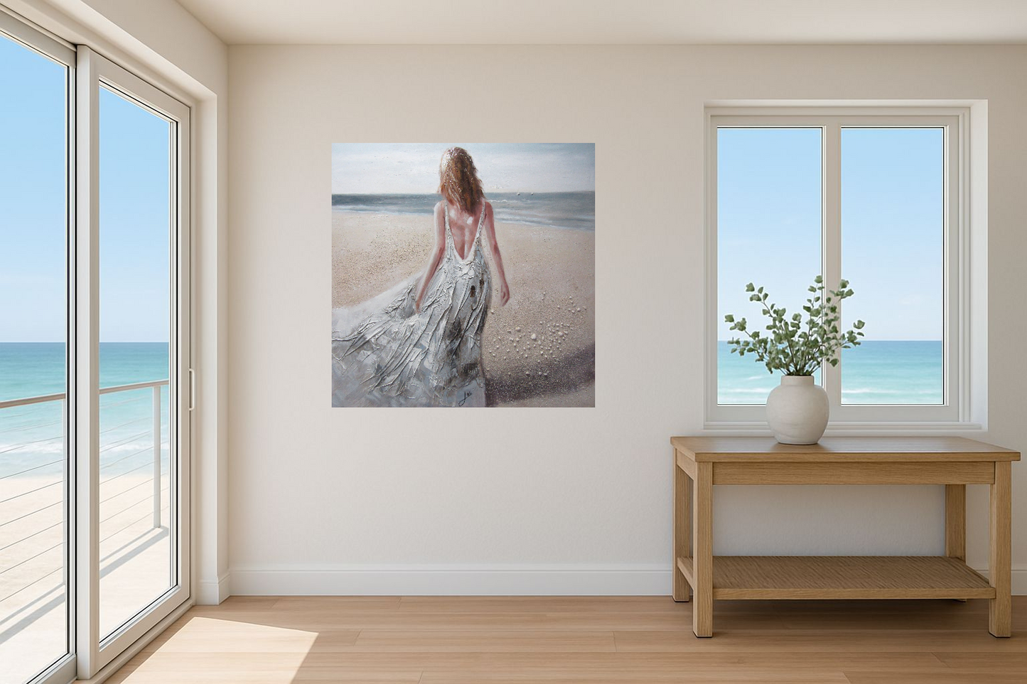 Oil On Canvas Lady On Beach (1200x1200mm, Nationwide Delivery)