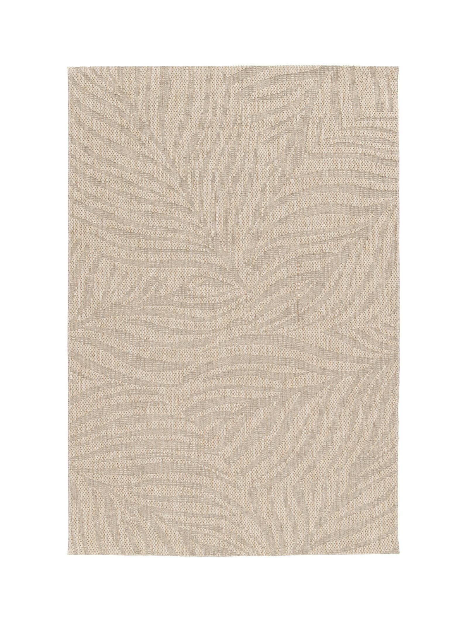 Textured beige area rug with leaf pattern on a white background