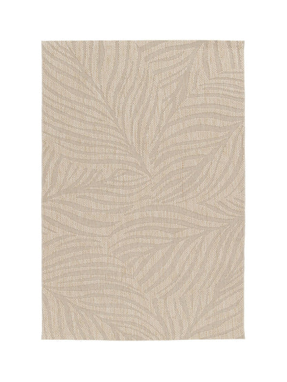 Textured beige area rug with leaf pattern on a white background