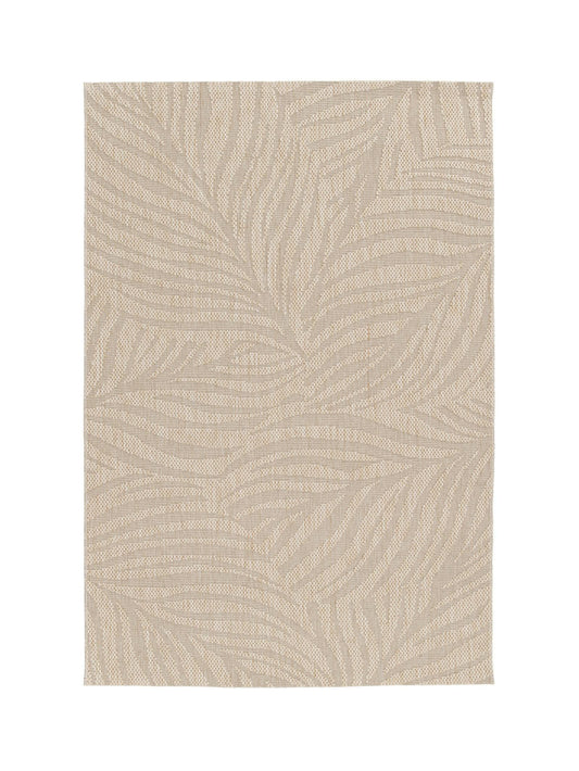 Textured beige area rug with leaf pattern on a white background