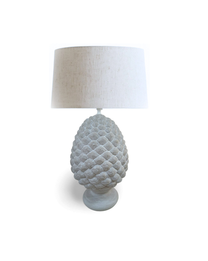 Decorative table lamp with textured base and white lampshade on a white background