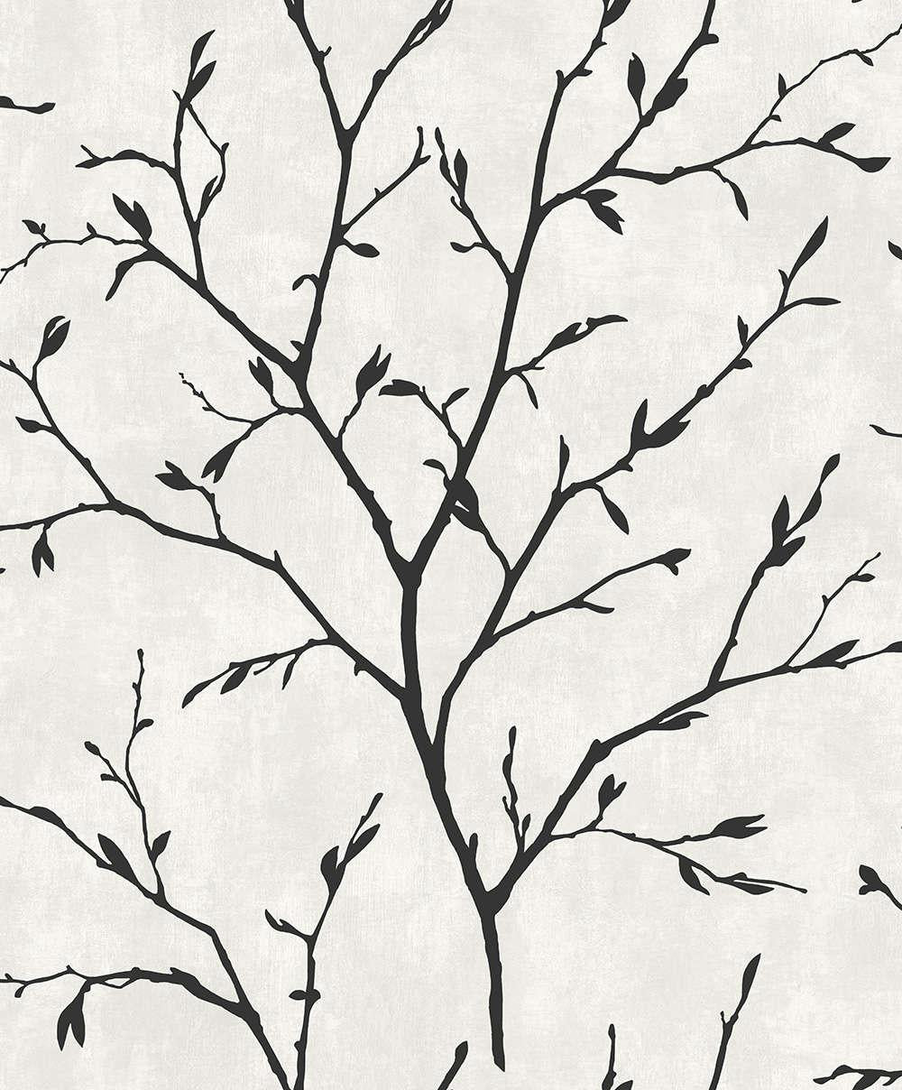 Black and white pattern of tree branches on a textured background