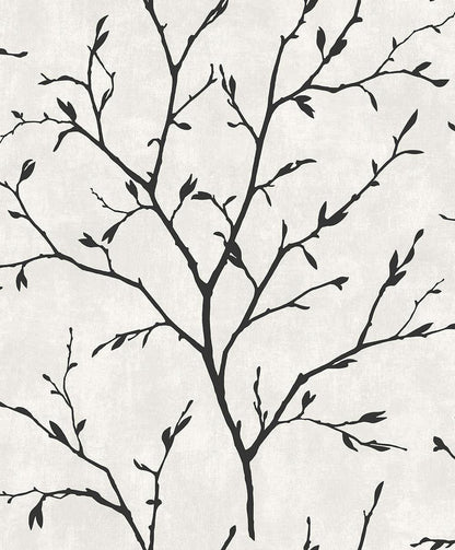 Black and white pattern of tree branches on a textured background